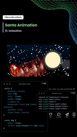 NeuroNova Tech on Instagram: "🎅🌙❄️ Magical Christmas Night Animation — HTML, CSS & JS! A cozy winter scene with a glowing moon, drifting clouds, falling snow… and Santa flying across the sky 🎅✨ All built using pure HTML, CSS & JavaScript — no libraries! 📥 How to Download the Code: 1️⃣ Go to Telegram channel link in Bio. 2️⃣ Join the Telegram channel. 3️⃣ Search by Code No: 25JS085SP. 4️⃣ Download the ZIP file. 5️⃣ Extract the files and use them in your project. ⚠️ Copyright Notice: This code