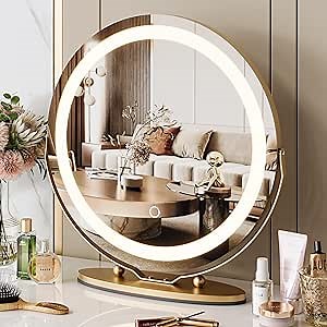 GAOMON 2024 New 19 Inch Vanity Mirror with LED Lights, HD Makeup Mirror with Touch Control & 3 Color Lighting Modes, Round Desk Mirror, 360°Rotation, for Bedroom Tabletop, Easy to Install (Gold)