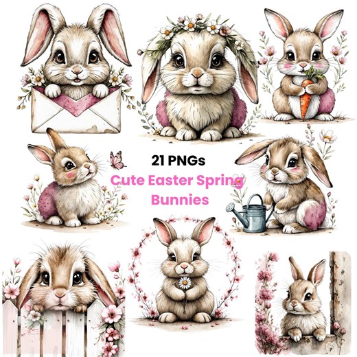 Easter Spring Bunny Clipart Bundle | Watercolor Bunnies PNG | Digital Download - Etsy