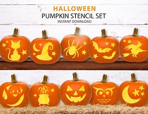 Halloween Pumpkin Stencil Set, Fun Stencils for Kids, Witch Pumpkin Stencil, Family-friendly Printable Halloween Pumpkin Carving Template - Etsy