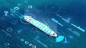 AI technology Cargo Container Ship. Tehcnology Global Logistics international delivery concept, World map logistic and supply chain network distribution Container Ship running to customs ocean concept