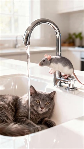 Blue Shorthair's Tranquil Nap: Mouse on the Faucet Base