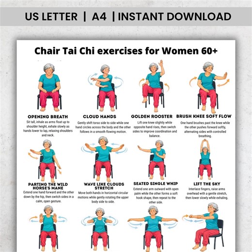 Chair Tai Chi Exercises for Women 60  Printable PDF, Seated Balance Routine, Gentle Low Impact Workout Poster - Etsy