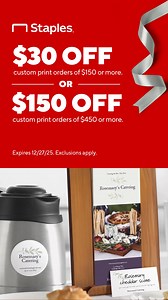 Invites, menus, posters, banners, brochures... Whatever you’re printing this holiday season, the savings are INCREDIBLE! Unwrap up to $150 off now with Staples. | Staples