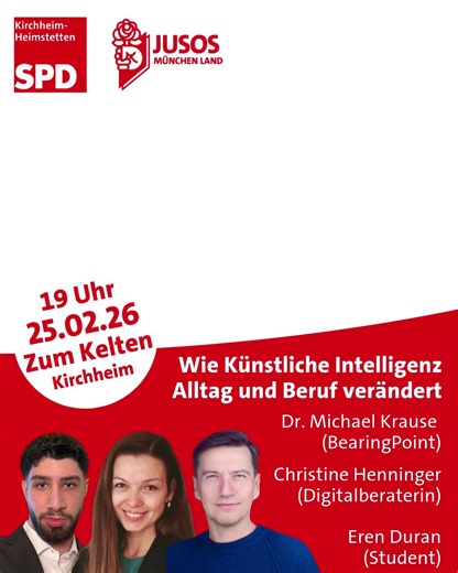 Morgen ist es so weit 👇 Wie Künstliche Intelligenz unseren Alltag, Bildung und Beruf verändert 📅 25.02.2026 🕖 19:00 Uhr 📍 Gaststätte „Zum Kelten“ am Sportpark, Kirchheim bei München KI begegnet uns jeden Tag. Im Job, in der Schule, im Studium. Oft ganz selbstverständlich. Aber was bedeutet das eigentlich konkret? Wir sprechen darüber: 👉 Was genau ist Künstliche Intelligenz und wie arbeitet sie? 👉 Wo liegen die Unterschiede zwischen Mensch und Maschine? 👉 Wie kann ich KI sinnvoll im Alltag