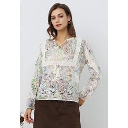 Colorful Garden Eyelet Embroidery Peasant Top