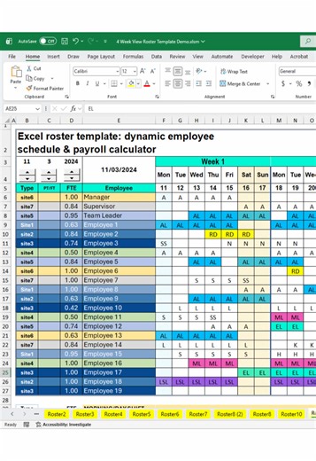 Creating a rotating shift roster in Excel doesn’t have to be a headache. Start by opening the excel roster template and set the start date of your 4‑week calendar. Add employees down the left and choose shift codes (A, P, N or your own) from drop‑down lists—Excel calculates total hours per person and flags under‑ or over‑staffing for you. You can assign teams like OPS, HR, MGT or SALES and see FTE & headcount update in real time. Use conditional formatting to highlight weekends and public holida