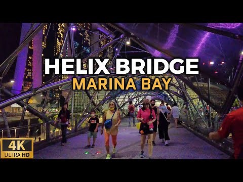 HELIX BRIDGE At MARINA BAY SINGAPORE Night Walk [4K] Singapore - June 2022
