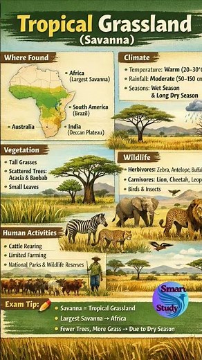 🌾 Tropical Grassland (Savanna) – Climate, Vegetation & Wildlife | Geography Notes #youtube #gk