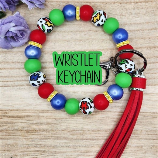 WRISTLET Keychain-beaded Bracelet Keychain "autism Puzzle Pieces" - Etsy