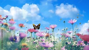 flowers in the field animated background in Japanese anime watercolor painting illustration style. seamless looping video animated background