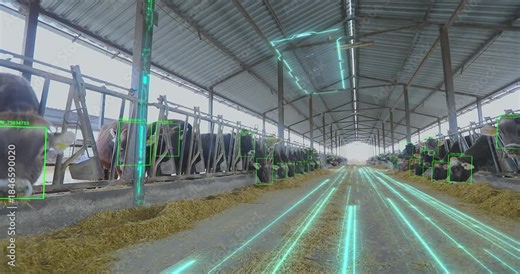 Smart dairy cow farm inside. Housing for Dairy Cattle. Dairy cow housing. Free Stall Dairy Barn. Animal husbandry. Dairy Cows Farming. Livestock Farming Technology. Inside. Wide shot