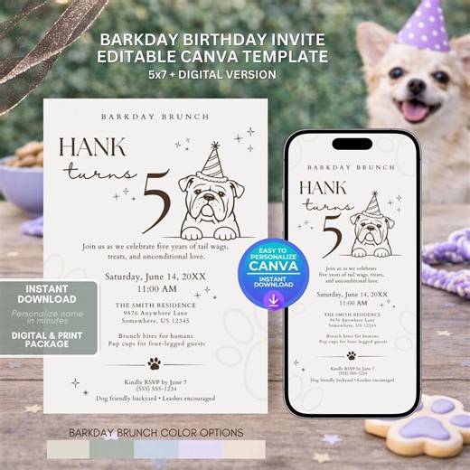Bulldog Dog Birthday Invitation Template, Editable Canva Puppy Party Invite, Printable 5x7 Card & Mobile Digital Invite - Etsy