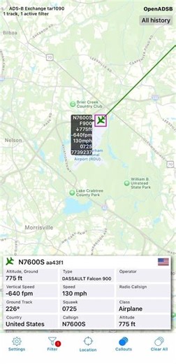 SAS Institute Dassault Falcon 900EX [N7600S] landed back in RDU Airport from OSL and SNN Airports