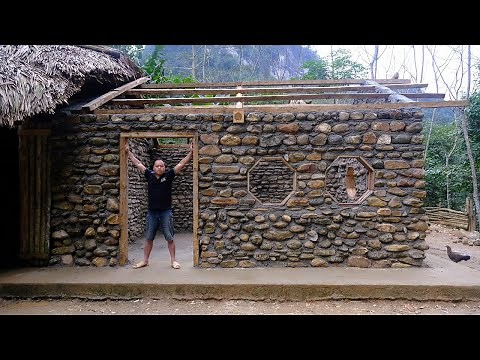 PRIMITIVE SKILLS; Build Stone House - BUILD LOG CABIN with many stones in the mountain