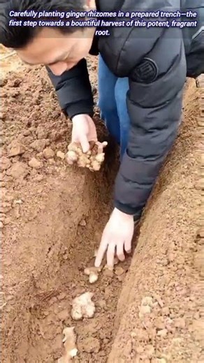 Farmer plants ginger pieces in trenches for new crop.