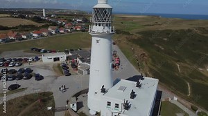 Drone shot. . Flamborough head lighthouse. East Coast of Yorkshire. Filmed Bridlington. UK. 03.09.2022 Stock Video