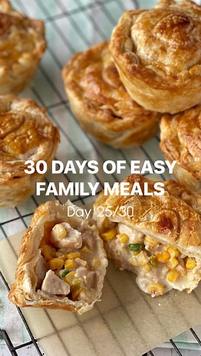 ✨ Chicken Sweetcorn Pies ✨ These delicious pies are a crowd favourite with the whole family. • 1 Tbsp of olive oil • 1 onion, diced • 3 cloves garlic, crushed • 500g chicken thighs, chopped • 2 spring onions, sliced • 2 cups corn kernels, or one can (drained) • 1 cup cream • 1 Tbsp cornflour • Salt and pepper • 4 sheets puff pastry, thawed • 1 egg 1. Preheat oven to 200°C fan bake. Heat a large frypan on the stovetop and add oil. Sauté onion for a few minutes until soft then add garlic, stir tog