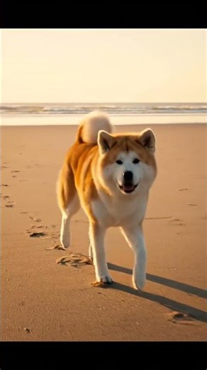 Akita walking golden hour beach with ancient dignity 🐕🌅