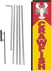Crawfish Seafood Rectangle Feather Banner Flag Sign with Pole Kit and Ground Spike for Restaurants, Markets, Business Owners