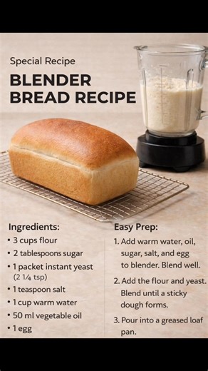 Easy Blender Bread Recipe | No Kneading Required! Make homemade bread in a BLENDER! This genius no-knead method creates soft, fluffy sandwich bread with minimal effort. Perfect for beginners! 🍞 Blender does all the work! Ingredients: • 3 cups flour • 2 tbsp sugar • 1 packet instant yeast (2¼ tsp) • 1 tsp salt • 1 cup warm water • 50ml vegetable oil • 1 egg #blenderbread EasyBread #NoKneadBread #HomemadeBread #BreadRecipe #BakingHack | Linas Recipes