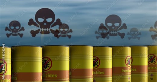 Pesticides barrels in row seamless and loopable concept. Agriculture chemical plant protection industrial containers.