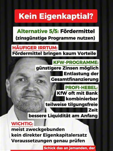 Viele denken bei Fördermitteln sofort: „Bringt eh kaum etwas.“ Dabei können genau diese Programme eine Finanzierung überhaupt erst möglich machen. 📌 Besonders relevant: Förderdarlehen der Kreditanstalt für Wiederaufbau (KfW) Warum? Oft bekommst du: ✔️ günstigere Zinsen ✔️ tilgungsfreie Anfangsjahre ✔️ teilweise Tilgungszuschüsse Und genau das verbessert häufig deine Liquidität am Anfang. Bedeutet: Die monatliche Belastung sinkt, wodurch Banken die Gesamtfinanzierung positiver bewerten. 📌 Was v