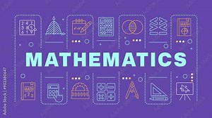 Mathematics word banner animation. Algebra education, statistics. Calculation numbers. Dynamic headline with outline icons on purple background. HD video with alpha channel. Motion graphic