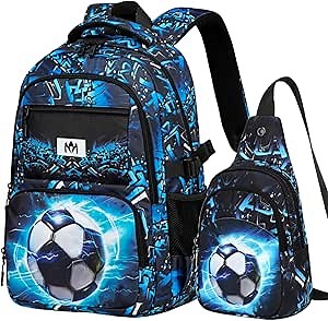 Bluboon Kids Backpack Boys Camo Bookbag Teens Elementary School Bag Daypack Travel Back Pack Middle school (Boy-football 2pcs)