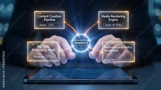 Hands using a tablet with a glowing 'GENERATE' button activating a futuristic interface, symbolizing digital creation and innovation in technology and business.