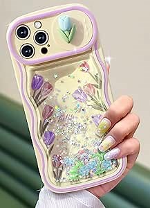 Toycamp for iPhone 12 Pro Max Case - Women Girls Cute Cover Flower Tulip with Sliding Camera Cover Girly Glitter Pretty Kawaii Teens Design Flowing Liquid Quicksand Phone Case for iPhone 12 Pro Max