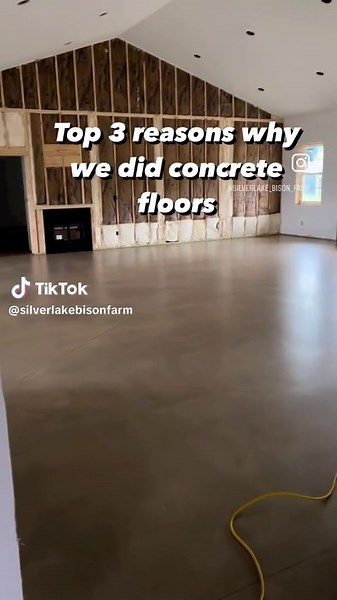Would you do concrete floors in your house? The same properties that make concrete floors so durable also make them easy to care for. Properly sealed concrete floors shrug off dirt, grit, stains, and spills. A little sweeping and damp mopping is all that’s required to keep them looking like new. We are excited to test out these floors with our 5 kids! We are extra excited for heated concrete floors! 😍 #flooring #floor #concrete #concretedesign #interiordesign #newbuild #newhome #barndominiums #