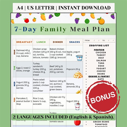 Family 7 Day Meal Plan Printable, Weekly Family Menu Planner With Grocery List, Easy Meals for Home, English Spanish PDF Download - Etsy