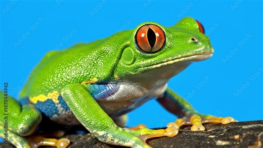 Macro close-up of colorful Red-eyed Tree Frog Agalychnis callidryas sitting on a branch against a solid blue background