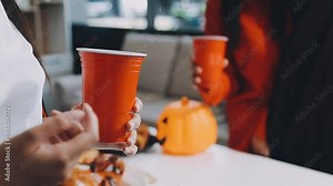 Joyful office Halloween party with coworkers in costumes, celebrating with drinks and laughter, fostering teamwork and festive spirit