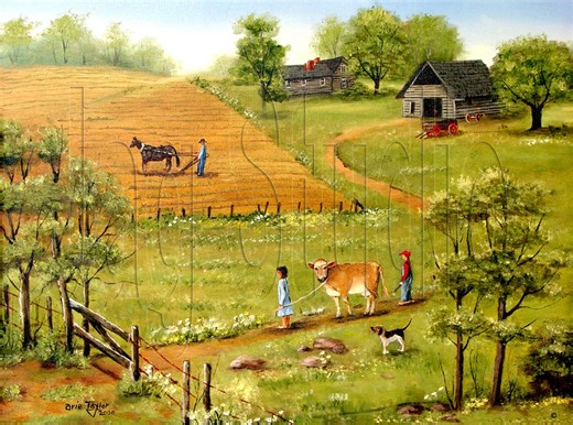 Folk Art Print: Rural Farm Landscape With Cow, Barn, and Dog - Etsy UK