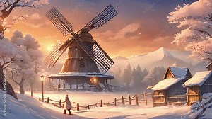 snow gently falls ground, wooden windmill stands strong resilient, creating beautiful winter wonderland scene. stream overlay animation