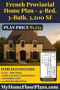 French Provincial Home Plan - 4 Bed, 3 Bath, 3,200 SF