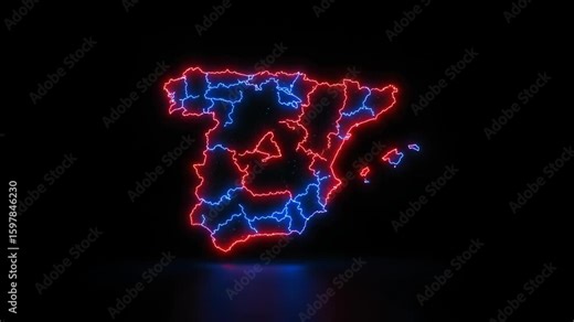 Neon Spain map outline, political geography visualization, red and blue glowing country regions on