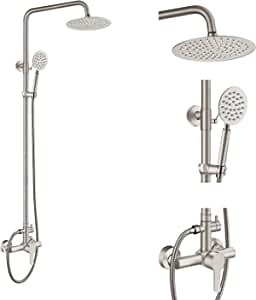 Aolemi Outdoor Shower Fixture SUS304 Shower Faucet Combo Set Stainless Steel 8 Rainfall Shower Head High Pressure Hand Spray Wall Mount 2 Dual Function Brush Nickel Single Handle