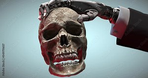 Robot arm holding human skull, AI dominance conceptual design, digital life vs humankind