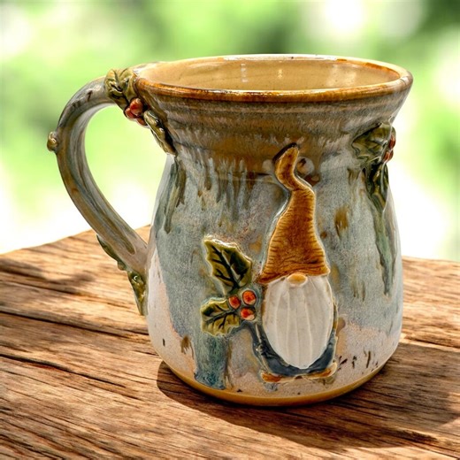 Handmade Christmas Gnome Coffee Mug, Pottery Tea Cup, 16 oz