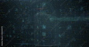 Animation of cyber security data processing over microprocessor connections against blue background