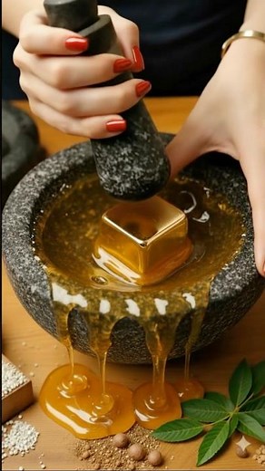 Crushing gold in honey…The sounds are HYPNOTIC ✨Pure ASMR🔹 Stone grinding🍯 Honey overflowing