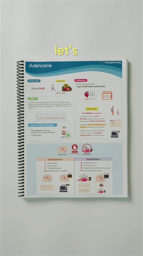 Adenosine = know this cardiac medication! ⚡❤️ Used for rapid termination of certain SVTs by briefly slowing conduction through the AV node. Nursing tip: give it rapid IV push followed by a flush and be prepared for a brief pause/asystole-like rhythm before normal rhythm returns. 🩺 For more in-depth lessons, or to buy or study guide books head to our bio! #NCLEX #NursingSchool #Pharmacology
