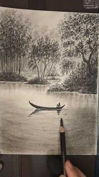 Short tutorial video drawing of a spring landscape, sunlight, trees, lake with charcoal pencil #art