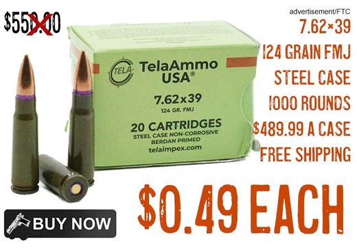 Telaammo 7.62×39 124 Grain FMJ Steel Case Ammo 1000 Rnds $0.49 Each FREE S&H Options