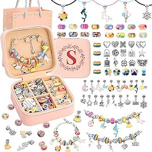 Charm Bracelet Making Kit for Girls 3-12, Kids Jewelry Making Kit 66Pcs Jewelry Kits for Girls Ages 8-12 Jewelry Maker Craft Necklace Birthday Christmas Gifts with Initial Jewelry Organizer Box - S