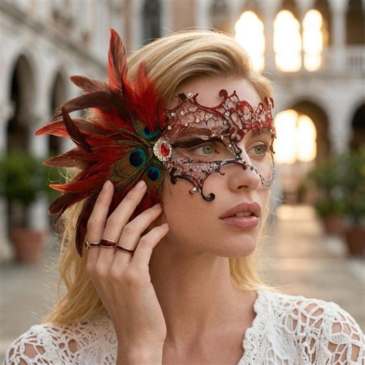 Half Face Red Lace Masquerade Mask with Peacock Feathers for Venetian Carnival Gala