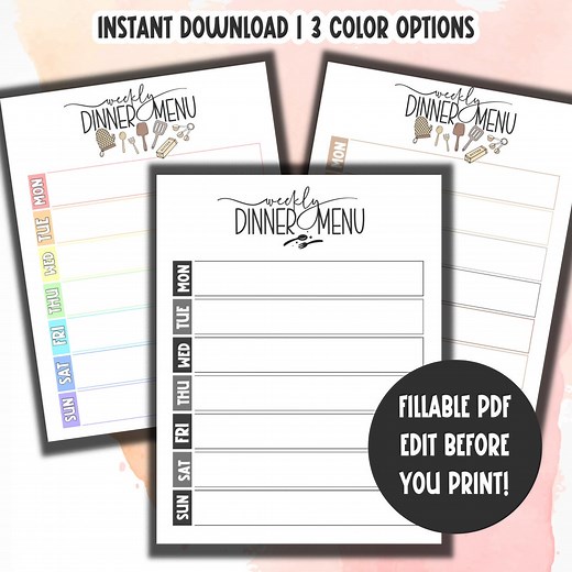 Weekly Dinner Menu Template Editable | Minimalist Dinner Menu Planner Printable | What's for Dinner? | Menu Planning | Weekly Meal Plan - Etsy